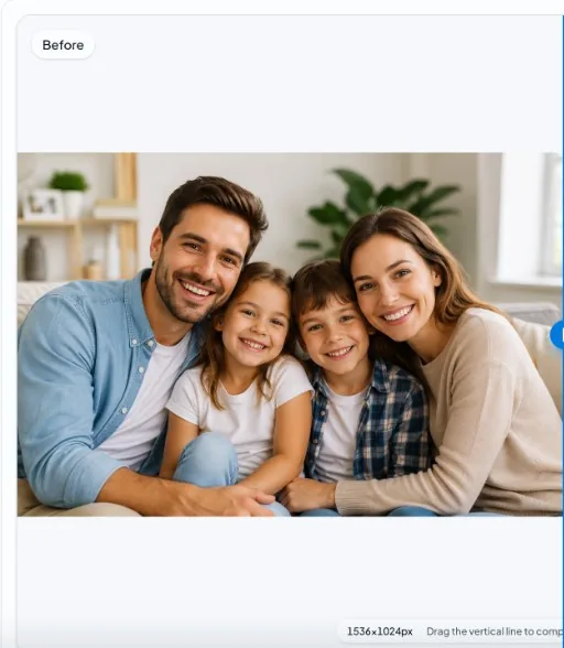 nobg.eu app: before—family of four indoors with shelf and decor in background